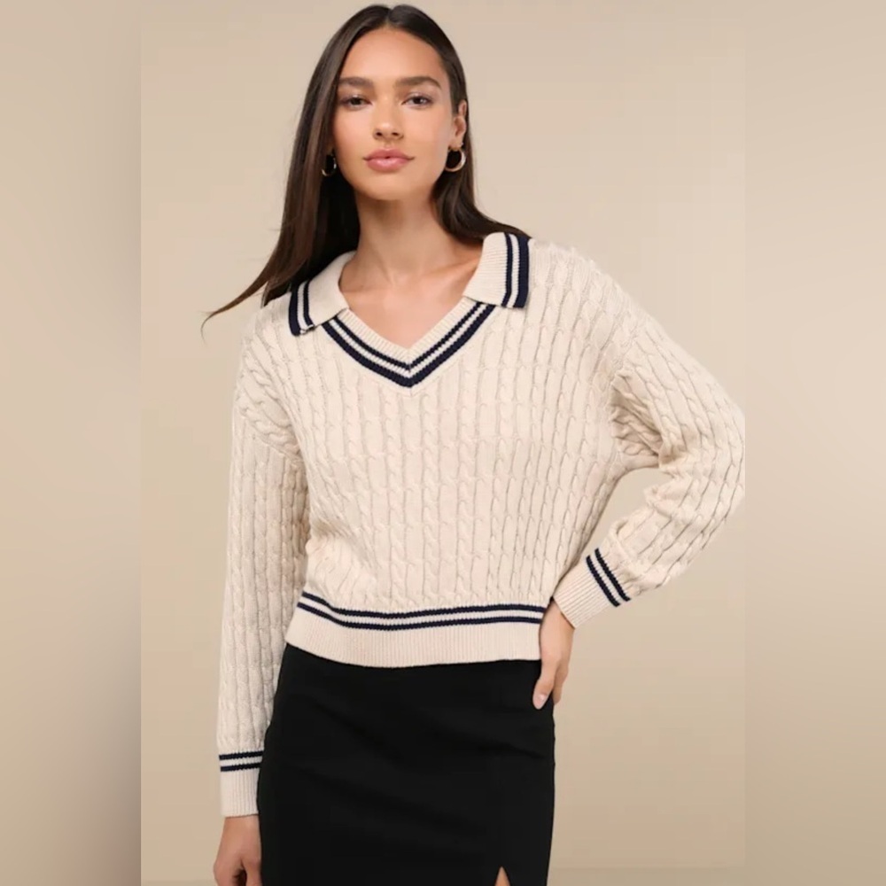 Lulus Posh Expert Beige Cable Knit Pullover Varsity Sweater, Size S - Picture 2 of 15